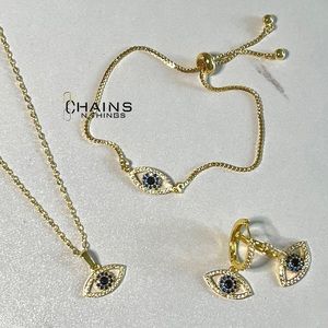 Necklace, Earrings, & Bracelet SET, Turkish Evil Eye Gold zircon blue eyes gift